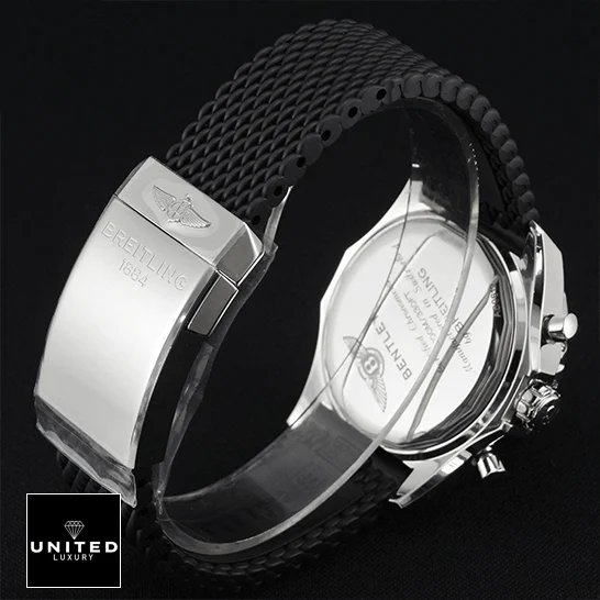 Breitling 128348RBR-0030 Breilting Black Rubber Bracelet Steel Clasp Replica upside view closed clasp