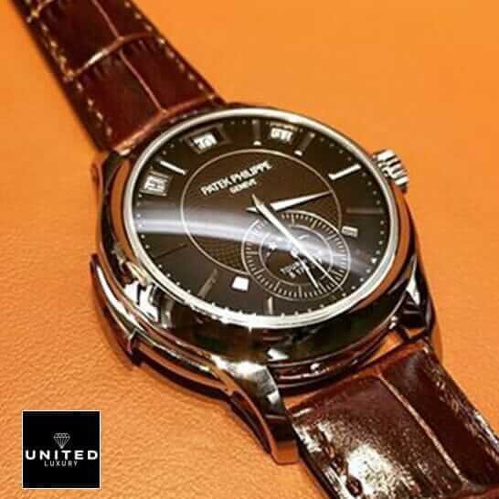 Patek Philippe Minute Repeater Tourbillon 5207P Patek Philippe Geneve Brown Leather Bracelet Replica orange background