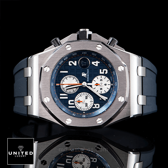 Audemars Piguet Royal Oak 26470ST.OO.A027CA.01. Audemars Piguet Blue Dial Blue Rubber Bracelet Replica side vide black background