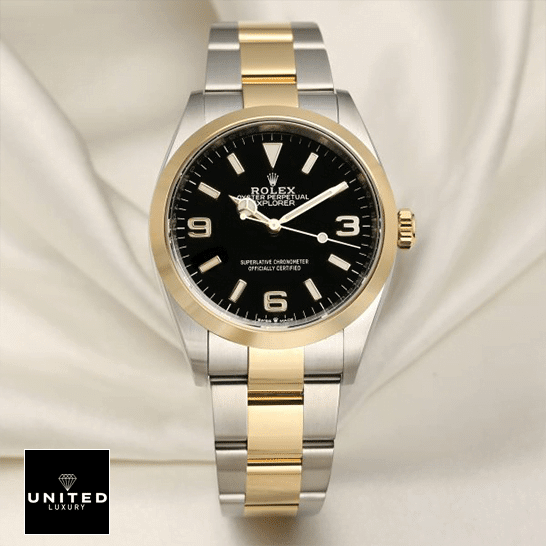 Rolex Explorer 124273 Rolex 2021 Explorer 124273 Black Dial Replica cream tulle background