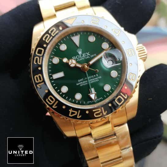 Rolex GMT-Master II 11678LN Premium Copy 1:1 rolex gmt green dial replica1 Rolex GMT Green Dial Replica Gold Bracelet
