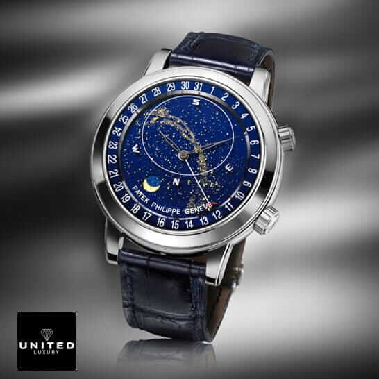 Patek Philippe Celestial 6102P-001 Patek Philippe Celestial Grand 6102 Leather Blue Bracelet Replica grey background