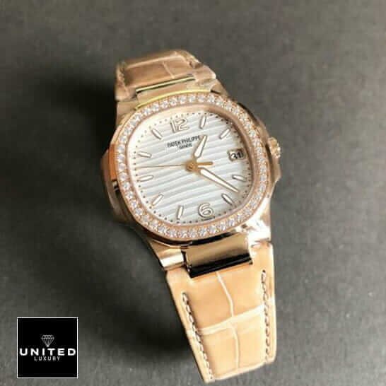 Patek Philippe Nautilus 7010R-011 Patek Philippe Geneve 7010 Diamond Bezel Leather Bracelet Replica grey background