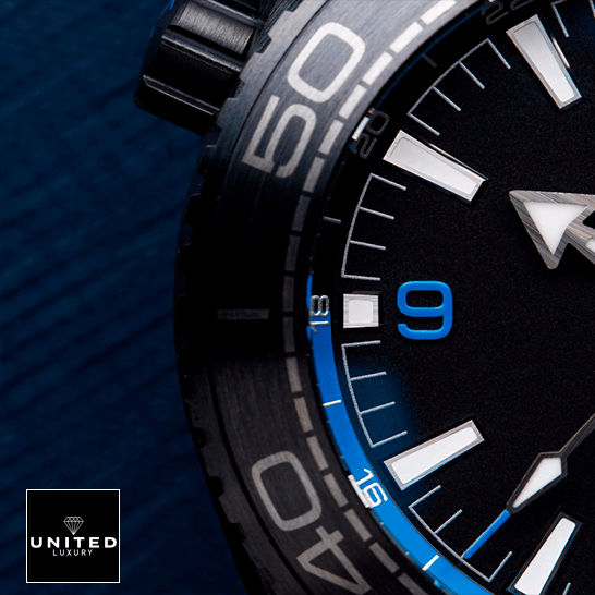 Omega Seamaster Planet Ocean Blue Ceramic Ref. 232.30.42.21.03.001 Ultra Clone 1:1 omega seamaster planet ocean ceramic 215 92 46 22 01 002 black dial replica close view Omega Seamaster 215_92_46_22_01_002 Black Dial Blue Bezel Replica blue background
