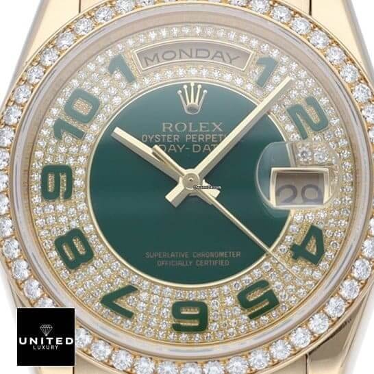 Rolex Day-Date 118348 Rolex Datejust 118348 Replica dial is green with Diamond and Arabic numerals