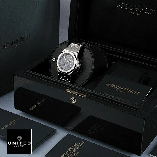 Audemars Piguet Royal Oak Offshore 26574ST.OO.1220ST.02 Audemars Piguet Royal Oak Blue Dial Replica in the box next to warranty card