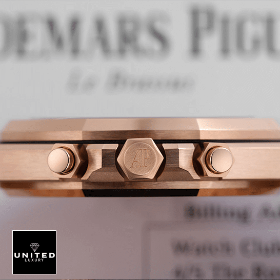 Audemars Piguet Royal Oak 26331OR.OO.1220OR.01 Premium Super Clone audemars piguet royal oak grande tapisserie dial 26331OR.OO .1220OR.01 man back Audemars Piguet Royal Oak Rose Gold Crown Replica push button side view