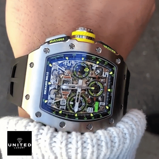 Richard Mille RM 011-03 Titanium Chronograph Top Grade Clone 1:1 Richard Mille RM 01103 Grey Bezel Black Bracelet Replica on the wrist