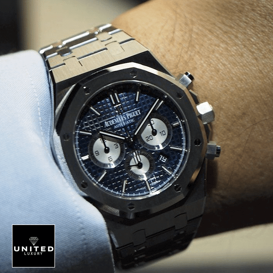 AP Royal Oak Chronograph 26331ST Supreme Clone Quality Audemars Piguet Royal Oak Blue Dial Steel Replica on the man wrist push button