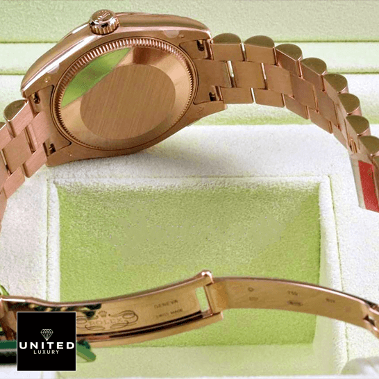 Rolex Datejust 278275 Mother Of Pearl Masterpiece Replica Rolex 178275 Rose Gold Oyster Replica opened clasp & in the box