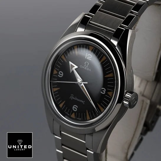 Omega Seamaster Railmaster Steel 220.10.38.20.01.002 Masterpiece Replica omega seamaster 220.10.38.20.01.002 replica rightside Omega Seamaster 220.10.38.20.01.002 Black Dial Replica side view gray background
