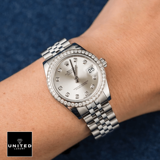 Rolex Datejust 178384 Rolex Datejust 178384 White Gold Diamond Bezel Replica on the wrist