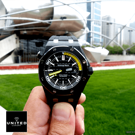Audemars Piguet Royal Oak Offshore Diver 15706AU Audemars Piguet Royal Oak Black and yellow Dial Replica grass background