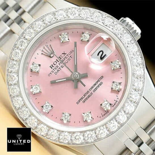 Rolex Datejust 126234 Rolex Datejust Pink Diamond Dial Diamond Bezel Replica close cyclops view