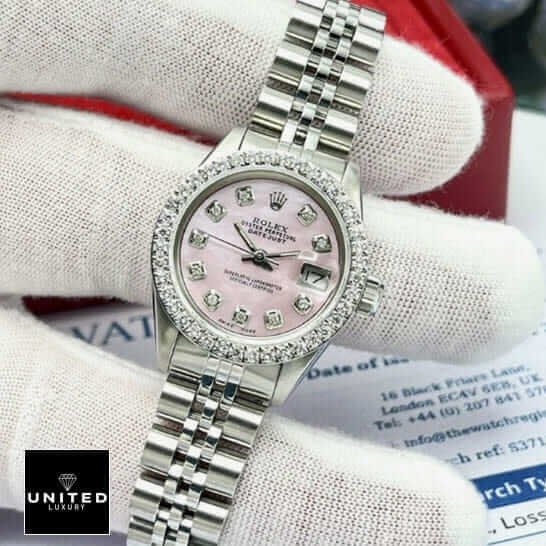 Rolex Datejust 126234 Rolex Datejust Stainless Steel Jubilee Bracelet Pink Diamond Dial Replica on the hand
