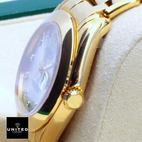 Rolex Pearl Master 81208 Gold & Diamond Dial Super Clone Premium Replica 1:1 gold rolex diamond bezel replica 1 Rolex Datejust Gold Diamond Dial Replica side view crown / push button