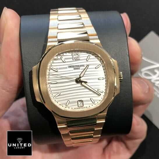 Patek Philippe Annual Calendar Moonphase 5396R-011 Patek Philippe Rose Gold White Dial Replica on the stand