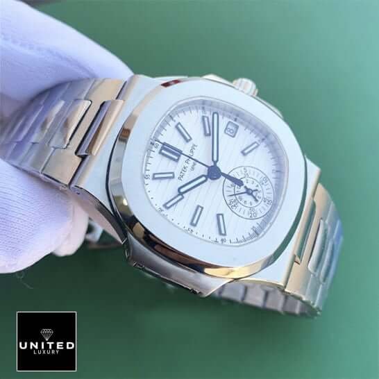 Patek Philippe Nautilus Chronograph 5980/1A-019 Patek Philippe White Dial Geneve Steel Case Replica green background
