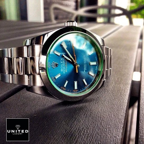 Rolex Milgauss Blue Dial 116400GV-0002 Super Clone Edition Rolex Milgauss 116400GV-0002 Oyster Bracelet Replica on the table