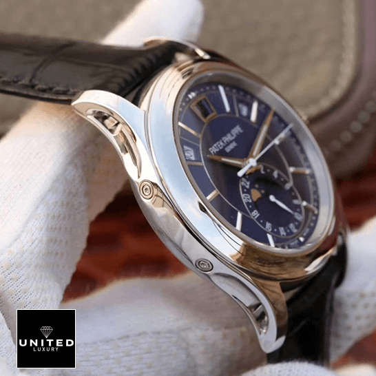 Patek Philippe Complications Steel Case Black Leather Bracelet Replica on the hand