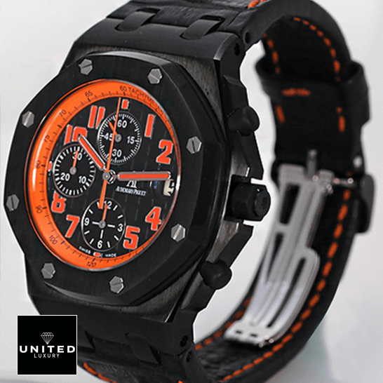 Audemars Piguet Royal Oak Offshore 26200SN.OO.D101CR.01 Audemars Piguet Orange Black Dial Black Bezel Replica side view white background