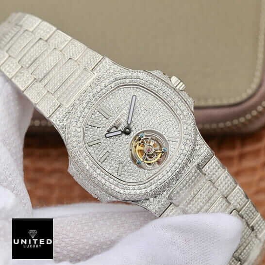 Patek Philippe Sky Moon Tourbillon 6002R Patek Philippe 6980 Tourbillion White Iced Out Replica on the hand