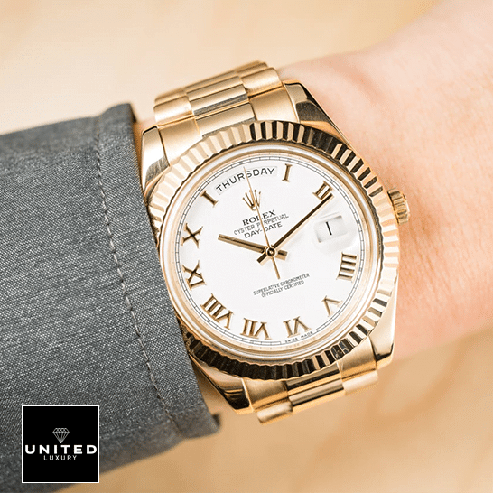 Rolex Day-Date 218238 Rolex Day-Date II Collection Gold Silver White Dial 218238 Replica on is arm