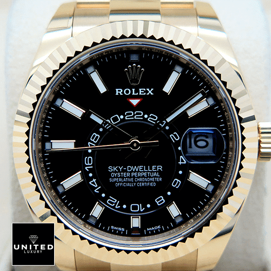 Rolex Sky-Dweller 326938-0004 Rolex Sky-Dweller Black Dial Yellow Gold Fluted Bezel 326938-0004 Replica