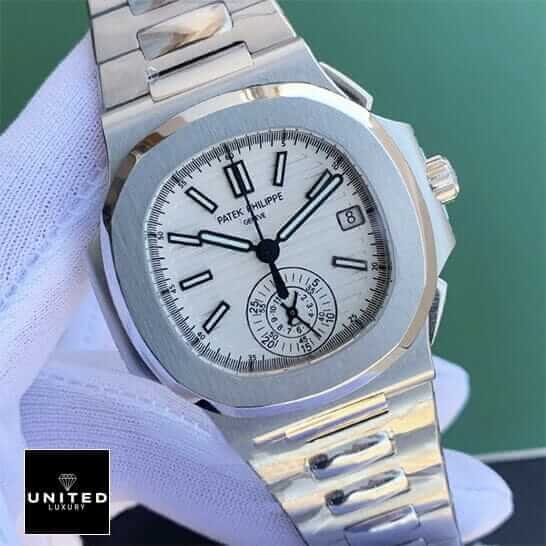 Patek Philippe Nautilus Chronograph 5980/1A-019 Patek Philippe Geneve White Dial Steel Replica on the white glove hand