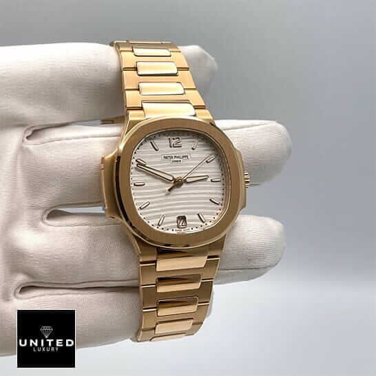 Patek Philippe Annual Calendar Moonphase 5396R-011 Patek Philippe Rose Gold White Dial Replica on the white glove hand white background