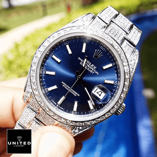 Rolex Datejust 126300 Rolex Datejust 126300 Blue Dial & Gem-Set Bezel Iced Out Replica