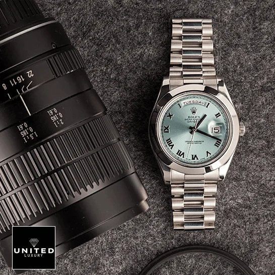 Rolex Day-Date II Stainless Steel Ice Blue Roman Dial 218206 Replica photo shoot