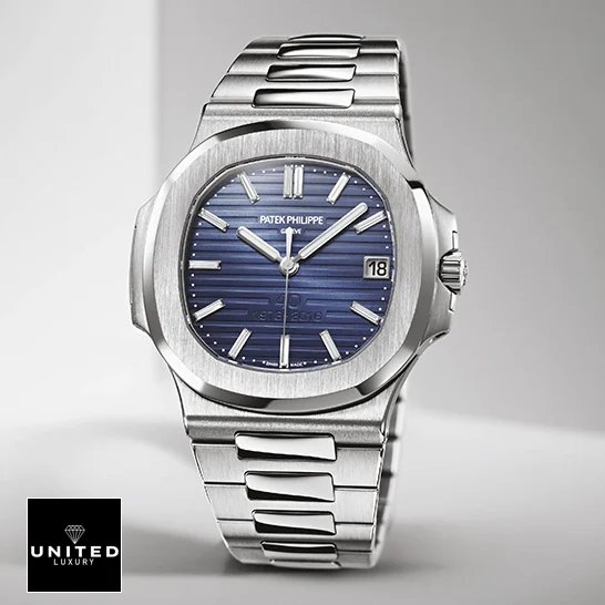Patek Philippe Nautilus 5711/1P Platinum First-Class Clone patek philippe nautilus platinum blue dial 57111P left Patek Philippe Nautilus Platinum Blue Dial Replica front view white background