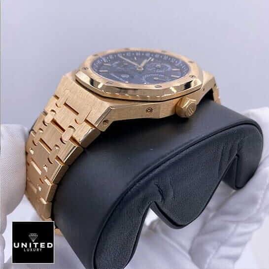 Audemars Piguet Royal Oak Chronograph 26240OR.OO.1320OR.01 Audemars Piguet Royal Oak Gold Blue Dial Replica on the black stand