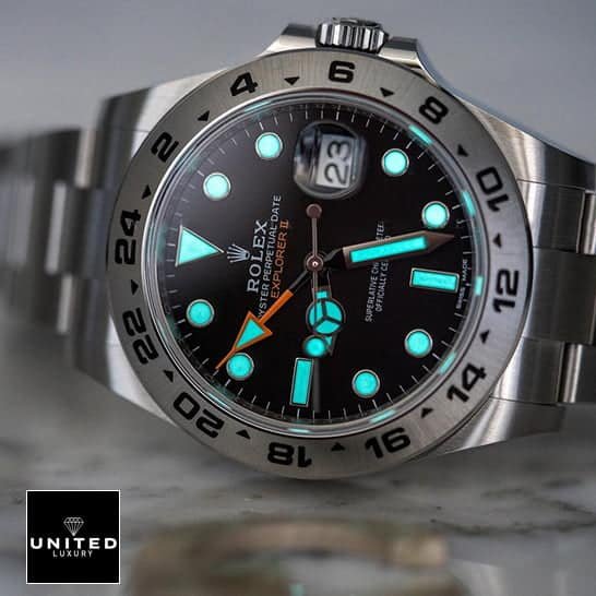 Rolex Explorer II 216570 Rolex Explorer II 216570-0001 Luminous Dial Replica on the Table