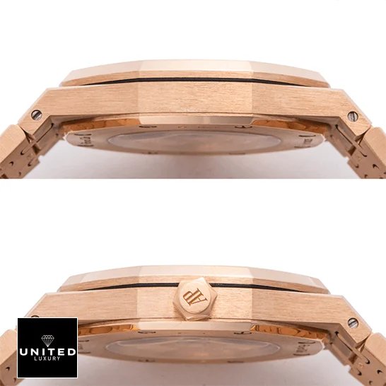 Audemars Piguet Royal Oak 15400OR.OO.1220OR.03 Super Clone Edition Audemars Piguet Royal Oak Gold Replica crown side view white background
