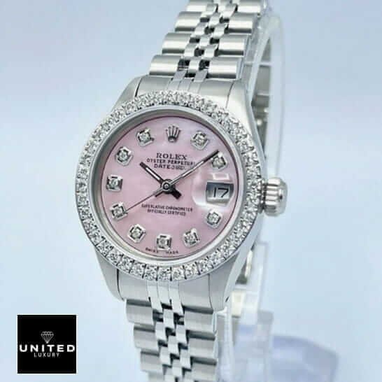 Rolex Datejust 126234 Rolex Datejust Pink Diamond Dial Jubilee Replica on the white stand