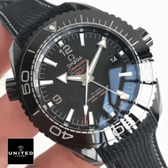 Omega Seamaster 215.92.46.22.01.001 Omega Seamaster GMT Black Dial & Bezel Replica on the hand