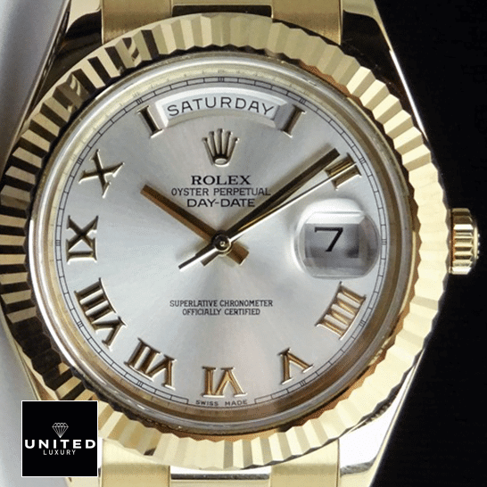 Rolex Day-Date 218238 Rolex Day-Date II White Dial Roman 218238 Replica black background