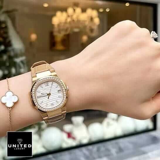 Patek Philippe Nautilus 7010R-011 Patek Philippe Diamond Bezel Leather Bracelet Replica on the women wrist