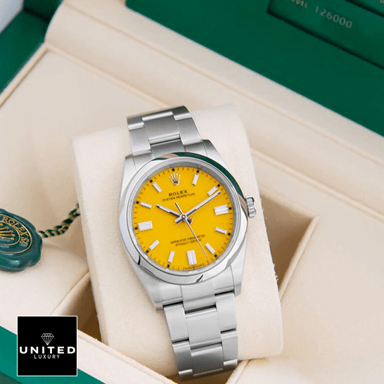 Rolex Oyster Perpetual 124300 Rolex Perpetual 124300 Oyster Yellow Dial Replica in the Green Box