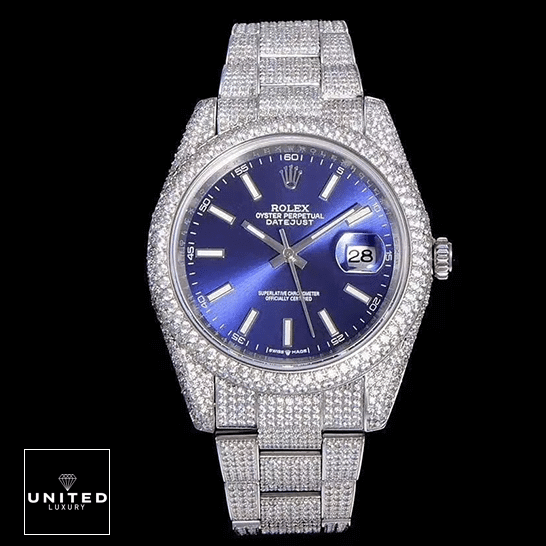 Rolex Datejust 126300 Rolex Datejust White Gold Blue Dial Iced Out 126300 Replica and black background