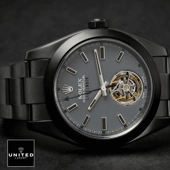 Rolex Milgauss 116400 Rolex Label Noir Replica dial is grey in color with stick indeces and ceramic hour markers