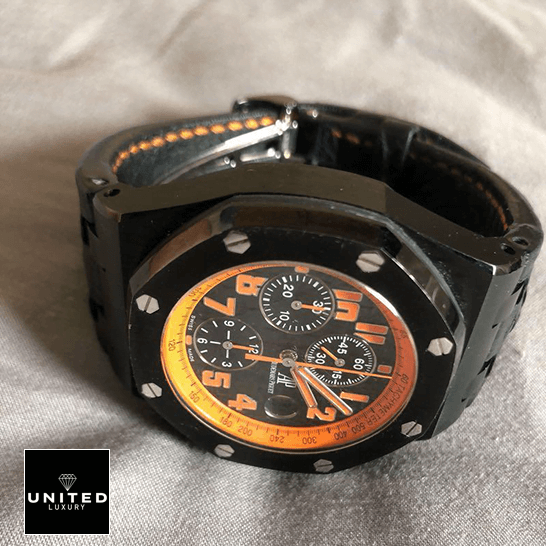 Audemars Piguet Royal Oak Offshore 26200SN.OO.D101CR.01 Audemars Piguet Royal Oak Orange Black Dial Replica on the white carpet