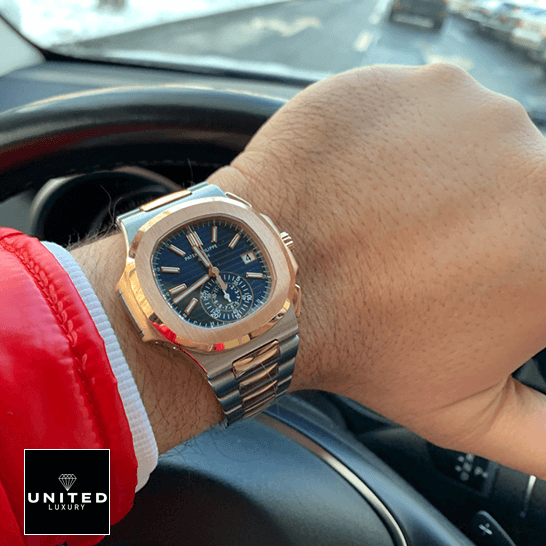 Patek Philippe Nautilus 5980/1AR-001 Patek Philippe Nautilus Blue Dial Steel Bracelet Replica on the wrist in car