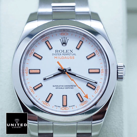 Rolex Milgauss 116400 Rolex Milgauss 116400 Stainless Steel Case White Dial Orange Stick Replica