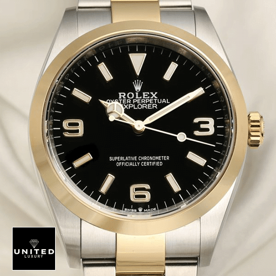 Rolex Explorer 124273 Rolex 2021 Explorer 124273 Yellow Gold Bezel Replica cream tulle background