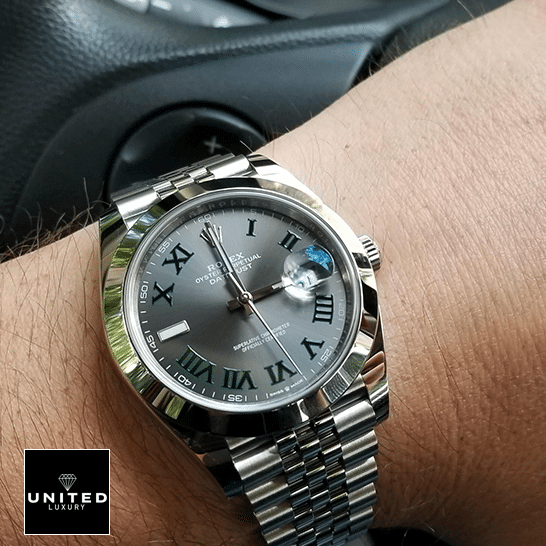 Rolex Datejust 126300 Rolex Datejust II Perpetual Grey Roman Dial 126300-0014 Jubilee Replica on his arm