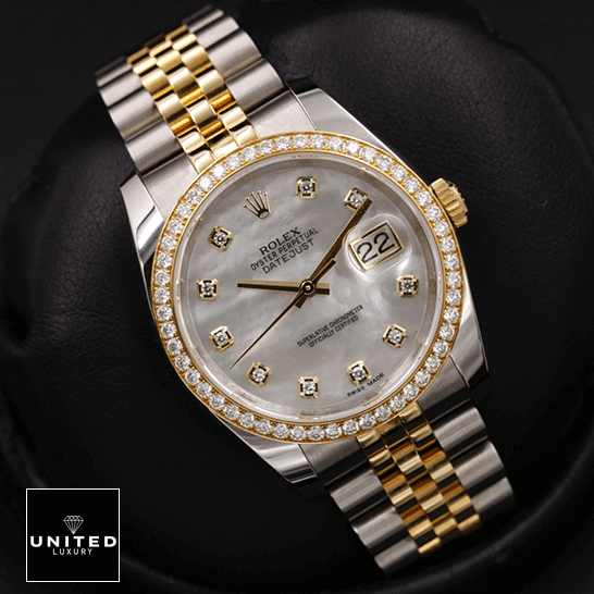 Rolex Datejust 116243 Rolex Datejust 116243 Diamond Dial Jubilee Replica on the black stand