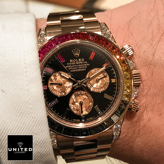 Rolex Cosmograph Daytona Rolex Daytona Cosmograph Rainbow Bezel Black Dial 116519 Oyster Replica on his hands